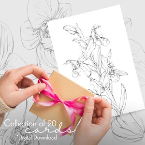 Tarjetas de felicitación de orquídeas con descarga digital (A5), 20 tarjetas en blanco con diseño floral, para cualquier ocasión, colección de tarjetas con dibujos botánicos.