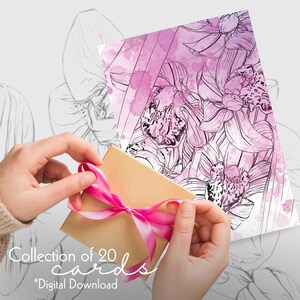 Biglietti d'auguri digitali con orchidee / Biglietti A5 / 20 biglietti vuoti con motivi floreali / Biglietti d'auguri per qualsiasi occasione / Disegni ad acquerello rosa e viola