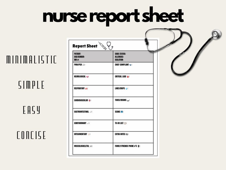 ER Nurse Report Sheet: Printable Template (instant Download PDF) - Etsy