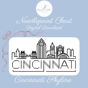 Pode incluir: Gráfico de ponto de agulha preto e branco do horizonte de Cincinnati. O gráfico inclui os edifícios icônicos da cidade e o rio Ohio. O texto "Cincinnati" está escrito em negrito, com uma fonte de bloco abaixo do horizonte.