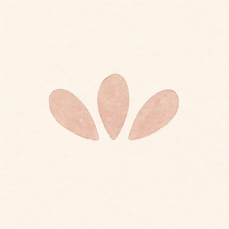 May include: A minimalist watercolor design featuring three soft, petal-like shapes in a muted rose color. The shapes are arranged in a symmetrical pattern against a cream-colored background, creating a simple, elegant floral motif.