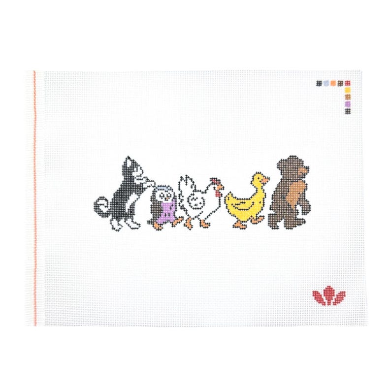 May include: A cross-stitch design featuring a black and white cat, a purple owl, a white chicken, a yellow duck, and a brown bear walking together. The design is on a white canvas with a red border on the left side and a floral design at the bottom.