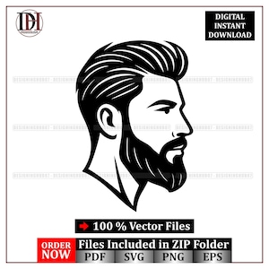 May include: Black and white vector illustration of a man's profile with a full beard and neatly styled hair. The image includes the text "DIGITAL INSTANT DOWNLOAD" and "100% Vector Files". The image also includes the text "Files Included in ZIP Folder" and "ORDER NOW".