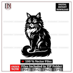 Op de afbeelding: Een zwarte vectorillustratie van een pluizige kat in zittende positie. De afbeelding bevat de tekst "DIGITALE DIRECTE DOWNLOAD" en "100% Vectorbestanden". De afbeelding bevat ook de tekst "Bestanden in ZIP-map inbegrepen" en "BESTEL NU".
