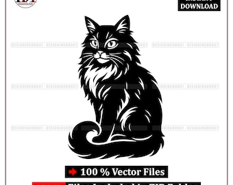 Silueta vectorial de gato de pelo largo sentado (descarga digital)