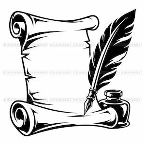 May include: A black and white graphic illustration featuring a rolled parchment scroll, a quill pen, and an inkwell. The design includes the repeated text DESIGNINGHUB07 overlaid across the image. The elements are rendered in high contrast.