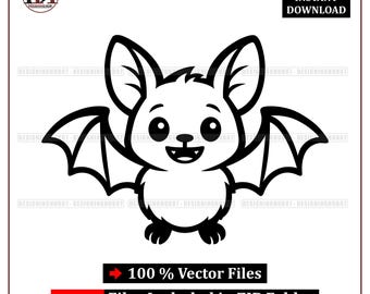 May include: A black and white cartoon bat illustration with large ears and wings. The bat has a smiling face and is surrounded by text that says "DIGITAL INSTANT DOWNLOAD" and "100% Vector Files". The image also includes file type options.