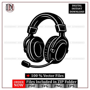 Può includere: Grafica vettoriale in bianco e nero di una cuffia con microfono. L'immagine include il testo "DOWNLOAD IMMEDIATO DIGITALE" e "File vettoriali al 100%". L'immagine include anche il testo "ORDINA ORA" e le icone dei tipi di file.