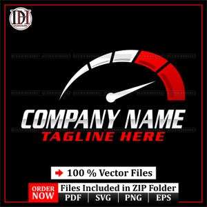 May include: A black and red logo design featuring a speedometer graphic. The logo includes the text "COMPANY NAME" in white, and "TAGLINE HERE" in red. The image also includes the text "100% Vector Files".