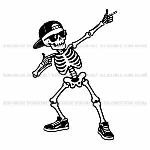 May include: A black and white graphic illustration of a skeleton performing a dabbing pose. The skeleton wears a baseball cap and sunglasses, and is depicted in a dynamic stance with one arm extended upward and the other bent inward.