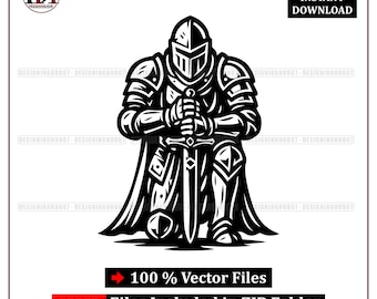 Kneeling Knight SVG: Medieval Warrior Silhouette, Crusader Armor (Digital Download)