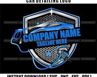 Car Detailing Logo Template | Editable Shield Emblem with Foam Gun & Vacuum | Svg Png Eps Pdf | Custom Auto Wash And Garage Branding Design