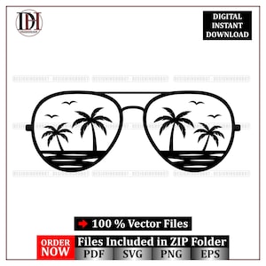 May include: Black and white vector graphic of sunglasses with a tropical beach scene reflected in the lenses. The image includes palm trees, birds, and the text "DIGITAL INSTANT DOWNLOAD". The image also includes the text "100% Vector Files".