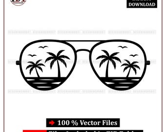 May include: Black and white vector graphic of sunglasses with a tropical beach scene reflected in the lenses. The image includes palm trees, birds, and the text "DIGITAL INSTANT DOWNLOAD". The image also includes the text "100% Vector Files".