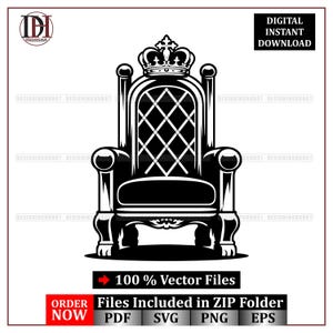 Puede incluir: Ilustración vectorial en blanco y negro de un trono real con una corona. El trono presenta un respaldo alto con un patrón de diamantes y reposabrazos ornamentados. La imagen incluye el texto "DESCARGA DIGITAL INSTANTÁNEA" y "100% Archivos vectoriales".