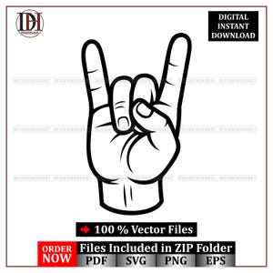 Puede incluir: Ilustración en blanco y negro de una mano haciendo el gesto de rock and roll. La imagen incluye el texto "DESCARGA DIGITAL INSTANTÁNEA" y "100% Archivos Vectoriales". La imagen también incluye el texto "Archivos incluidos en la carpeta ZIP" y "PEDIR AHORA".