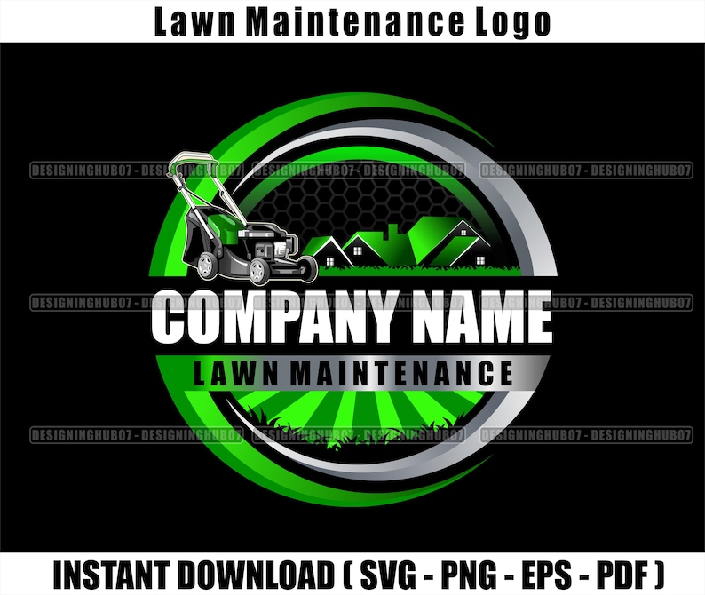 Op de afbeelding: Groen en zilveren logo voor een gazononderhoudsbedrijf. Het logo toont een grasmaaier, huizen en de tekst "COMPANY NAME" en "LAWN MAINTENANCE".