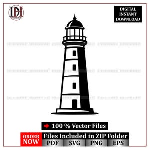 May include: A black and white vector image of a lighthouse, featuring a detailed design with a lantern room and windows. The image includes the text "DIGITAL INSTANT DOWNLOAD" and "100% Vector Files".