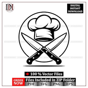 May include: Black and white chef-themed graphic featuring a chef's hat and crossed knives inside a circle. The image includes the text "DIGITAL INSTANT DOWNLOAD" and "100% Vector Files". Below the graphic are file type icons.