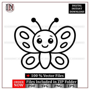 Puede incluir: Ilustración vectorial en blanco y negro de una mariposa sonriente con alas grandes y redondeadas. La imagen incluye el texto "DESCARGA INSTANTÁNEA DIGITAL" y "100% Archivos Vectoriales".