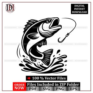 Puede incluir: Ilustración vectorial en blanco y negro de un pez saltando fuera del agua, con un anzuelo y una línea. La imagen incluye el texto "DESCARGA INSTANTÁNEA DIGITAL" y "100% Archivos Vectoriales".