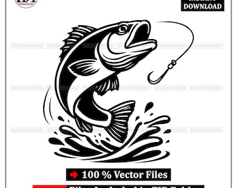 Bass Fishing SVG : Jumping Fish Vector with Fishing Hook Splash for Cricut (Digital Download)