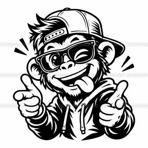 Puede incluir: Una ilustración gráfica en blanco y negro de un mono con gorra de béisbol y gafas de sol. El mono guiña un ojo, saca la lengua y señala con ambos dedos índices hacia adelante. El texto DESIGNINGHUB07 se repite en el fondo.