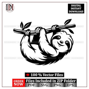 May include: Black and white vector illustration of a sloth hanging from a branch. The sloth has a smiling face and is holding onto the branch with its claws. The image includes the text "DIGITAL INSTANT DOWNLOAD" and "100% Vector Files".