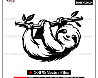 Sloth Vector Illustration: Black and White (svg, png, eps, pdf) (Digital Download)