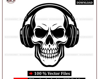Skull With Headphones SVG, Music Skeleton Head Clipart, DJ Skull Logo (Digital Download)