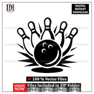 May include: A black and white vector graphic of a bowling ball striking pins. The image includes the text "DIGITAL INSTANT DOWNLOAD" and "100% Vector Files". The graphic is available in PDF, SVG, PNG, and EPS formats.