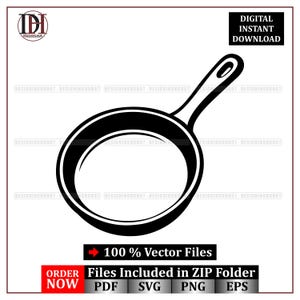 Puede incluir: Ilustración vectorial en blanco y negro de una sartén con asa. La imagen incluye el texto "DESCARGA INSTANTÁNEA DIGITAL" y "100% Archivos Vectoriales". La imagen también incluye el texto "Archivos incluidos en la carpeta ZIP" y los tipos de archivo PDF, SVG, PNG y EPS.