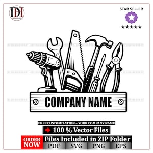 May include: Black and white illustration of various tools, including a drill, wrench, saw, hammer, screwdriver, and pliers. A wooden plank displays the text "COMPANY NAME". The image also includes the text "FREE CUSTOMIZATION - YOUR COMPANY NAME" and "100 % Vector Files".