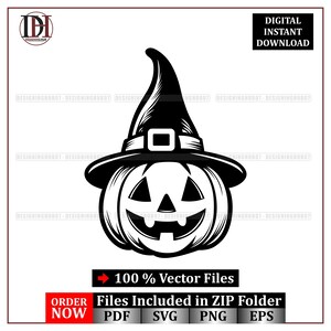 Pumpa Häxhatt SVG: Halloween Jack O' Lantern Vektor (Digital Nedladdning)