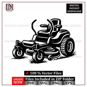 May include: Black and white vector illustration of a riding lawn mower. The mower has a seat, steering handles, and large tires. The image includes the text "DIGITAL INSTANT DOWNLOAD" and "100% Vector Files".
