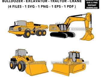 Construction Vehicle Clipart | Bulldozer, Excavator, Crane, Tractor SVG Bundle | Heavy Equipment Vector | Eps Png Pdf Svg Instant Download