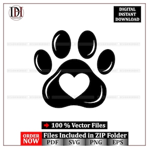 Könnte beinhalten: Schwarze Pfotenabdruck-Grafik mit herzförmiger Mitte. Das Bild enthält den Text "DIGITALER SOFORT-DOWNLOAD" und "100% Vektordateien". Der untere Teil des Bildes enthält den Text "Dateien im ZIP-Ordner enthalten" und Dateityp-Abkürzungen.