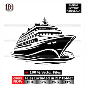Peut inclure: Illustration vectorielle en noir et blanc d'un bateau de croisière naviguant sur l'eau. L'image comprend le texte "TÉLÉCHARGEMENT INSTANTANÉ NUMÉRIQUE" et "100% de fichiers vectoriels". L'image comprend également le texte "COMMANDER MAINTENANT" et les types de fichiers PDF, SVG, PNG et EPS.