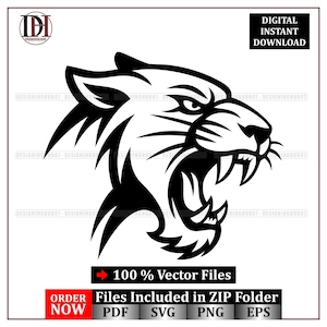 Op de afbeelding: Een zwart-wit vectorillustratie van een brullende poema-kop. De afbeelding bevat de tekst "DIGITALE DIRECTE DOWNLOAD" en "100% Vectorbestanden". De afbeelding bevat ook de tekst "Bestanden in ZIP-map inbegrepen" en "BESTEL NU".