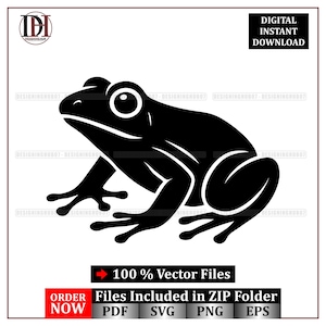 May include: A black silhouette of a frog in a side profile. The frog is depicted with large eyes, webbed feet, and a rounded body. Text at the top reads "DIGITAL INSTANT DOWNLOAD". Below the frog, text reads "100% Vector Files".