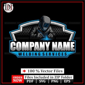 May include: A logo for welding services featuring a welder in a helmet, welding with a blue spark. The logo has a shield shape with the text "COMPANY NAME" and "WELDING SERVICES" in white and blue. Includes vector file formats.