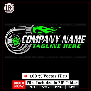 May include: A logo design featuring a stylized turbocharger in silver and green, with green flames emanating from the exhaust. The text "COMPANY NAME" and "TAGLINE HERE" are in white and green. The design is on a black background with the text "100% Vector Files".
