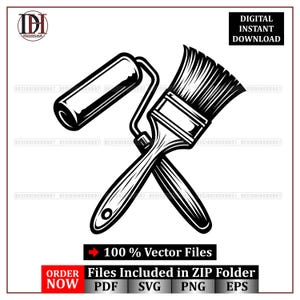 Pode incluir: Ilustração vetorial em preto e branco de um rolo de pintura e um pincel cruzados. A imagem inclui o texto "DOWNLOAD DIGITAL INSTANTÂNEO" e "100% Arquivos Vetoriais". Abaixo da imagem está o texto "Arquivos incluídos na pasta ZIP" e as palavras "ENCOMENDE AGORA".