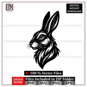 Könnte beinhalten: Schwarz-weiße Vektorillustration eines Kaninchenkopfes mit detailliertem Fell und Auge. Das Bild enthält den Text "DIGITALER SOFORT-DOWNLOAD" und "100% Vektor-Dateien". Der Text "Dateien im ZIP-Ordner enthalten" und "JETZT BESTELLEN" ist ebenfalls enthalten.