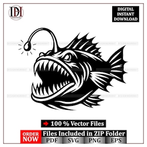 May include: A black and white illustration of an anglerfish with sharp teeth and a glowing lure. The image includes the text "DIGITAL INSTANT DOWNLOAD" and "100% Vector Files". The bottom of the image has the text "ORDER NOW" and file type options.