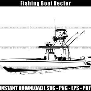May include: Black and white line art illustration of a fishing boat with a large cabin and a single outboard motor. The boat is shown in profile view with the bow facing the left side of the image.