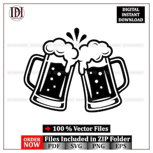 Puede incluir: Ilustración vectorial en blanco y negro de dos jarras de cerveza chocando, con cerveza espumosa desbordante. La imagen incluye el texto "DESCARGA INSTANTÁNEA DIGITAL" y "100% Archivos Vectoriales".