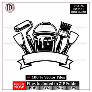 May include: Black and white vector graphic featuring a paint bucket, paint roller, paintbrush, and two putty knives. A banner is below the tools. Text includes "DIGITAL INSTANT DOWNLOAD" and "100% Vector Files".