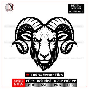 May include: Black and white vector graphic of a ram's head with large curved horns. The image includes the text "DIGITAL INSTANT DOWNLOAD" and "100% Vector Files". The image also includes the text "Files Included in ZIP Folder" and file type icons.