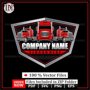 May include: A red semi-truck logo design with three trucks, the words "COMPANY NAME" and "SLOGAN HERE". The design includes the text "100% Vector Files" and file type icons for PDF, SVG, PNG, and EPS.